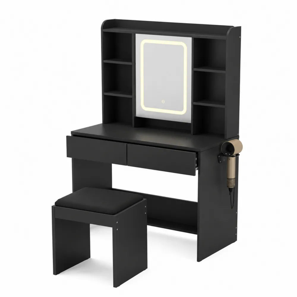 Toletta in legno con specchio LED e sgabello nero