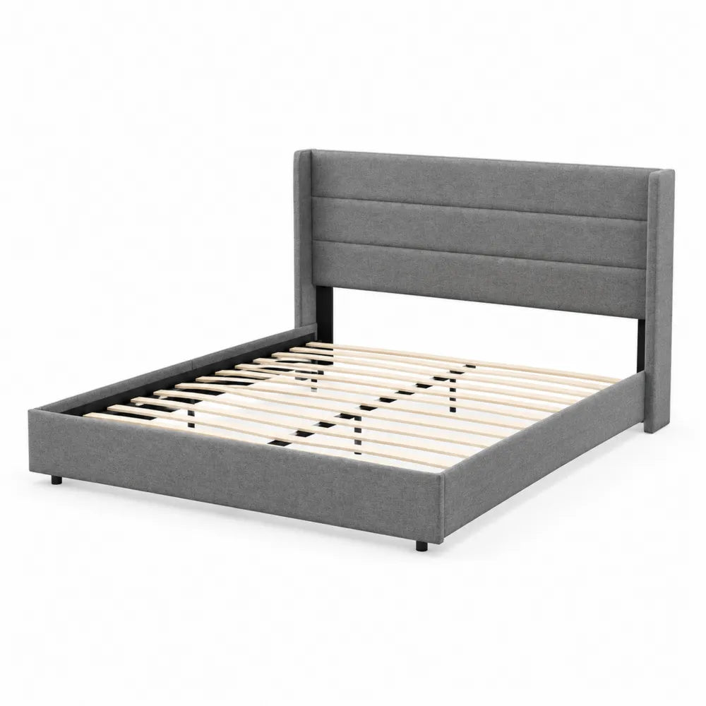 Letto matrimoniale in tessuto grigio con testiera imbottita 200x160 cm