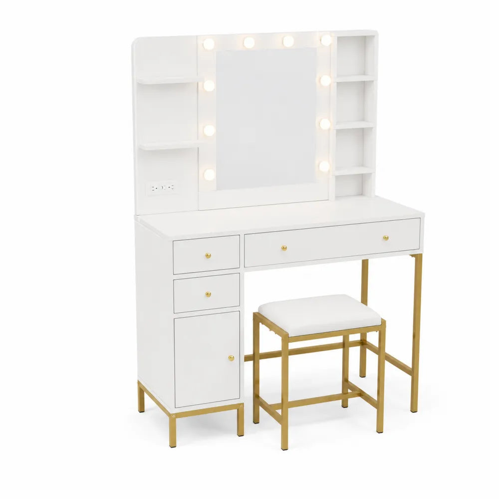 Tavolo da Trucco in Legno con Specchio Illuminato e Sgabello