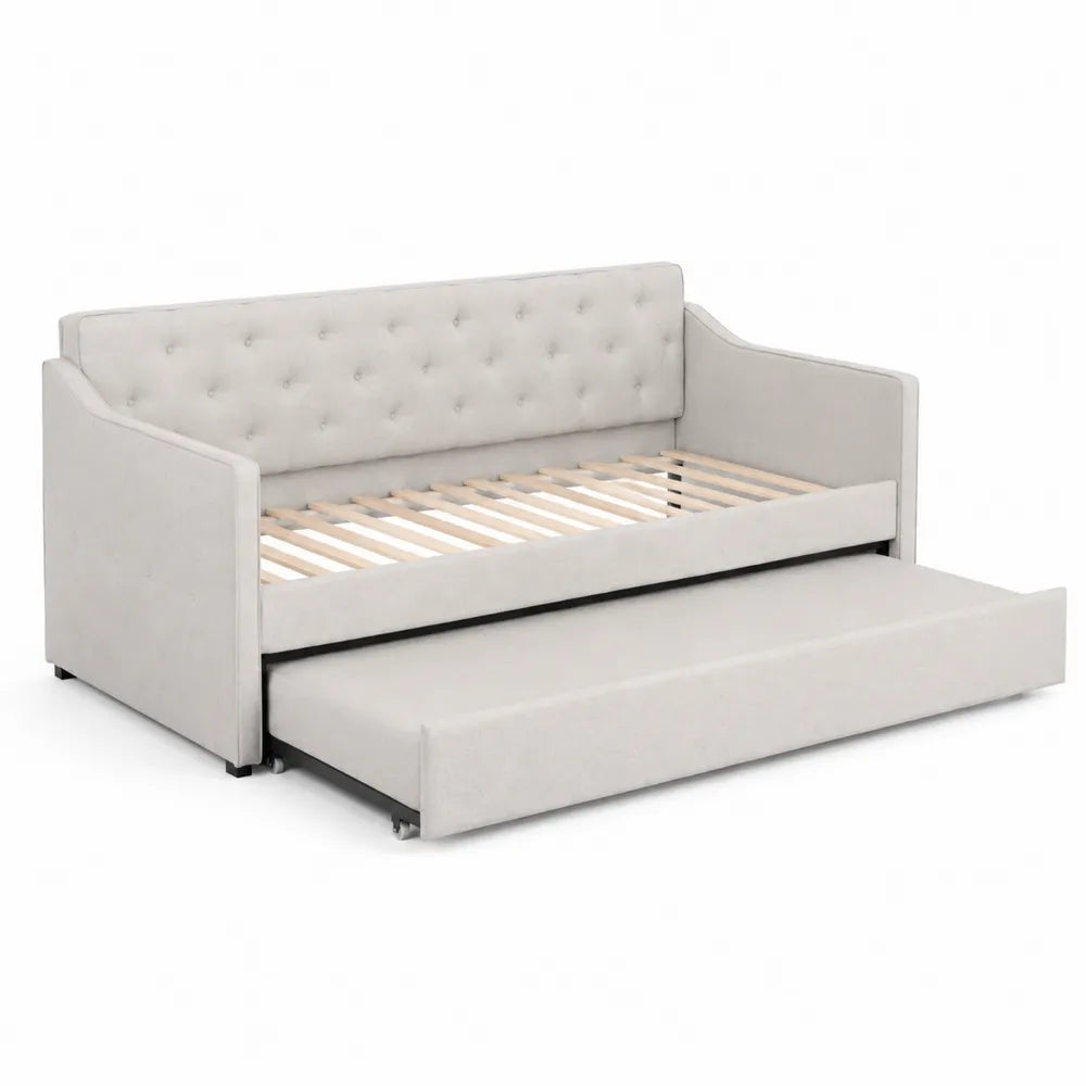 Divano Letto in Tessuto Beige con Letto Estraibile