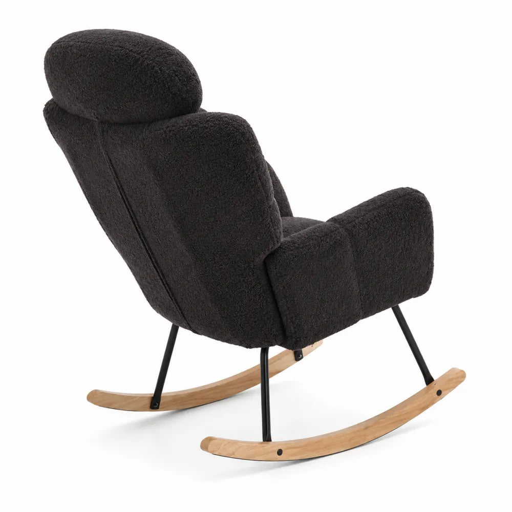 Sedia a Dondolo in Tessuto Bouclé Grigio Scuro con Struttura in Metallo e Base in Legno