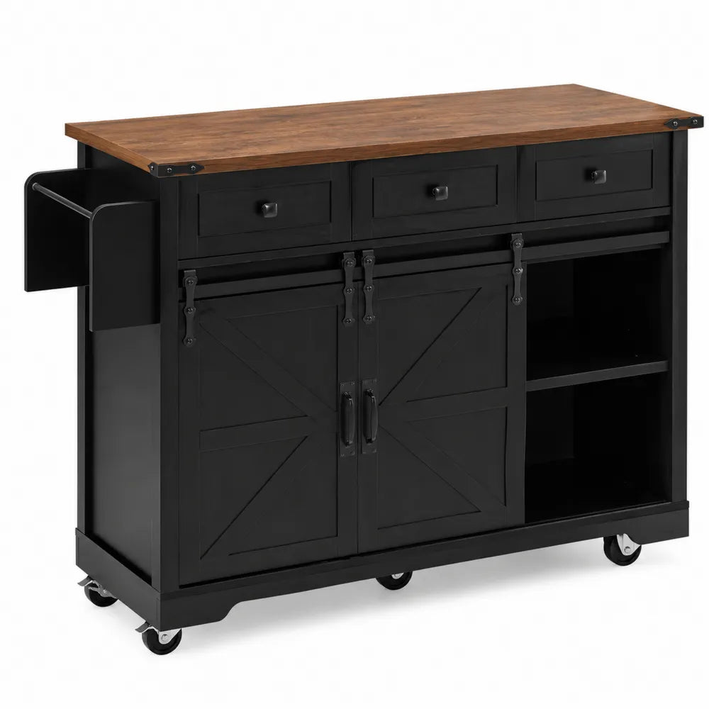 Carrello da cucina nero con piano in legno di acacia e struttura in acciaio con ruote