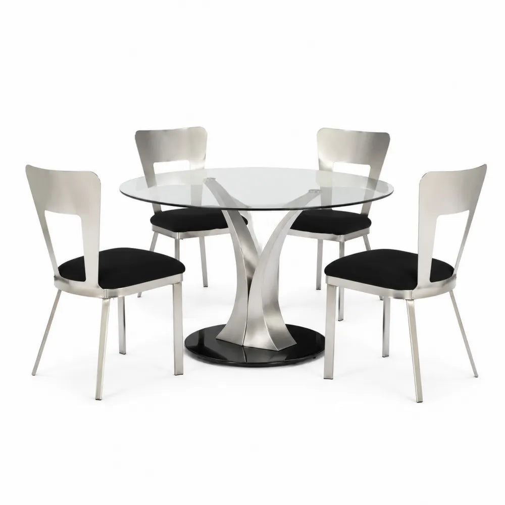 Set Tavolo Rotondo in Vetro e Sedie in Acciaio Inox