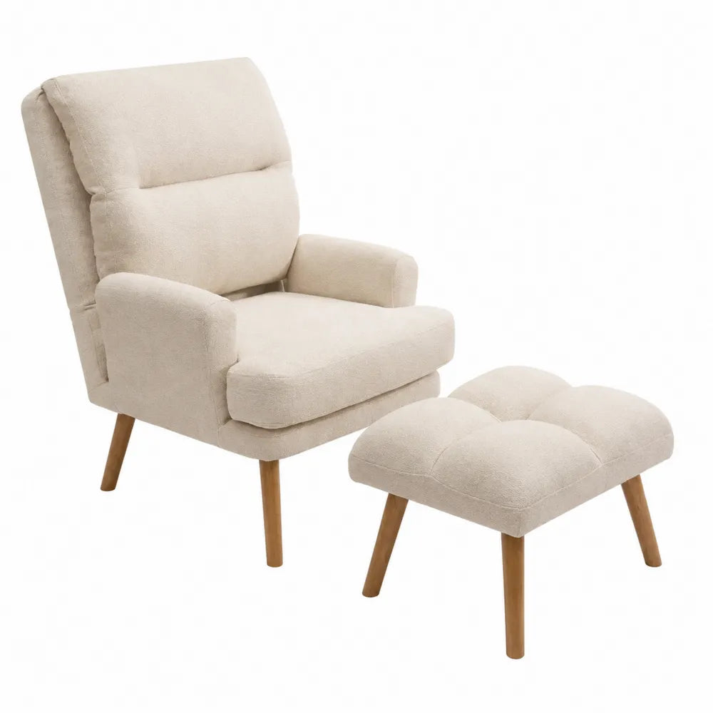Set Poltrona con Poggiapiedi in Tessuto Crema Legno