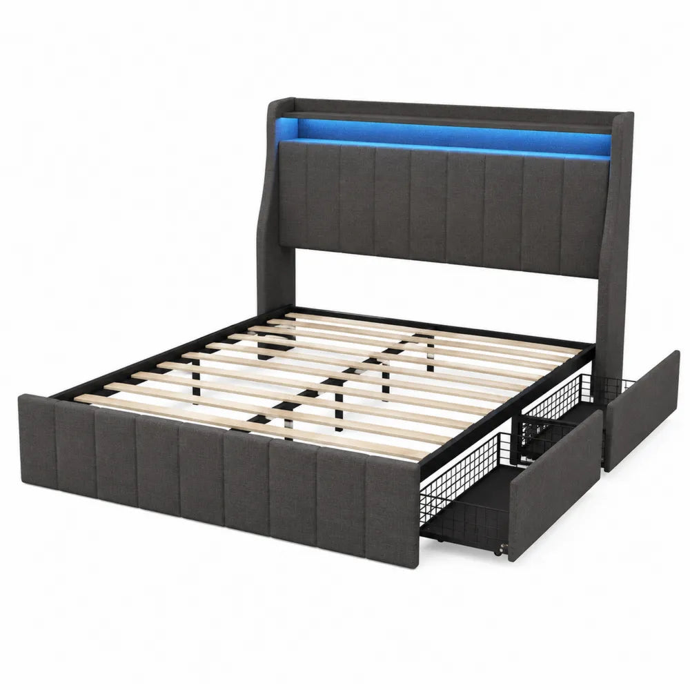 Letto matrimoniale in tessuto Grigio scuro con LED e cassetti