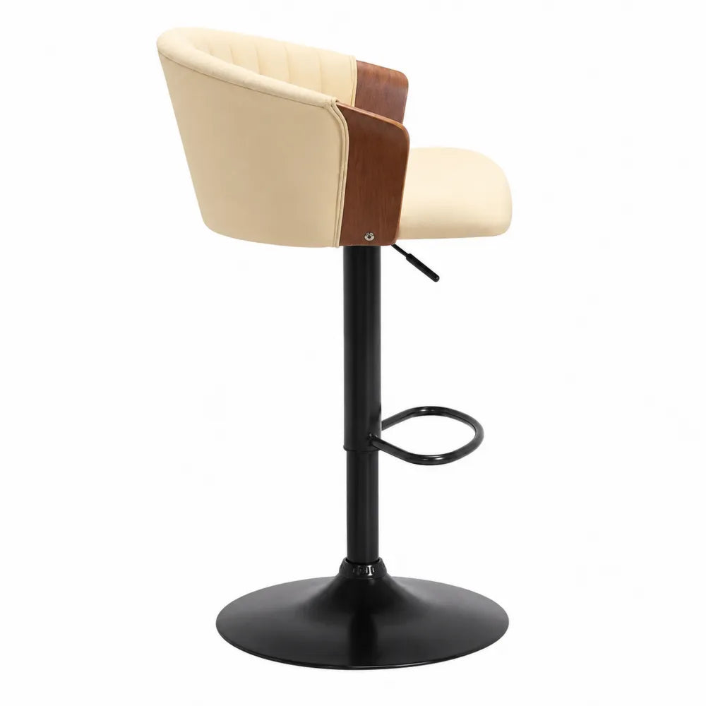 Sgabello regolabile in pelle sintetica beige e metallo nero con dettagli in legno