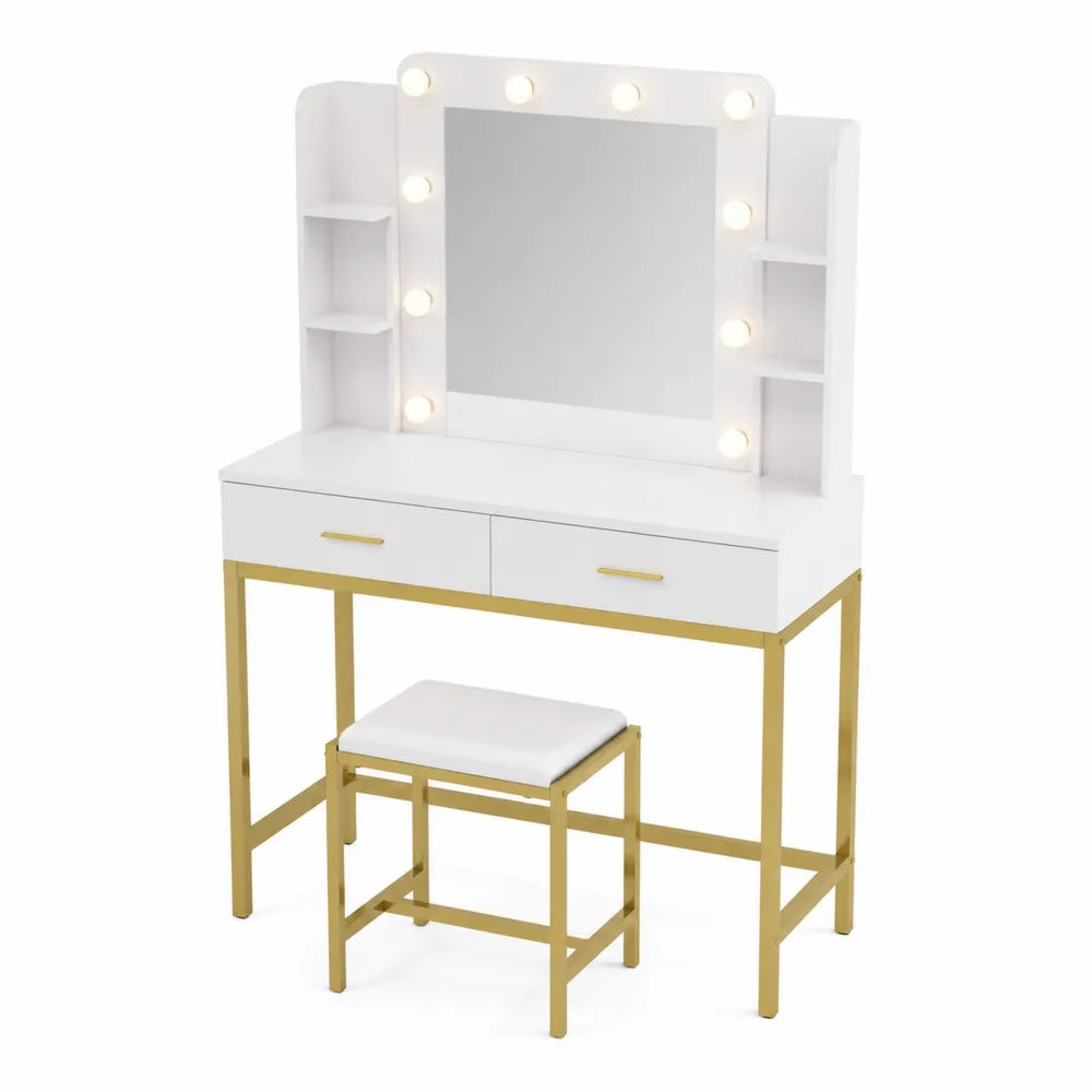 Tavolo da Toeletta in MDF con Specchio LED e Sgabello