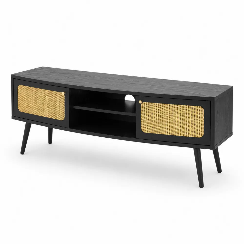 Mobile TV in Legno e Rattan Nero e Naturale 120x40x50 cm